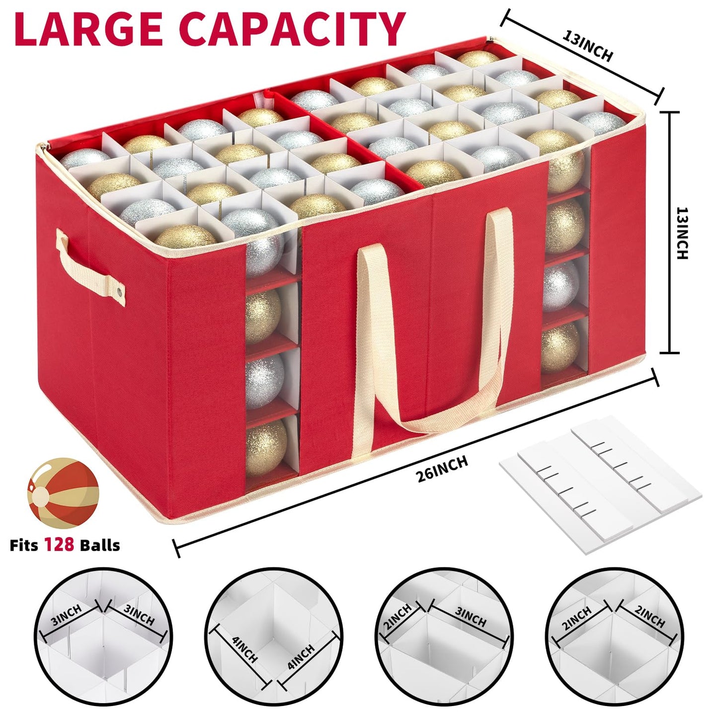 DIMESHY Large Christmas Ornament Storage Box With Adjustable Dividers,Ornament Storage Container with Two Handlesfor 128 Holiday Decorations,Red