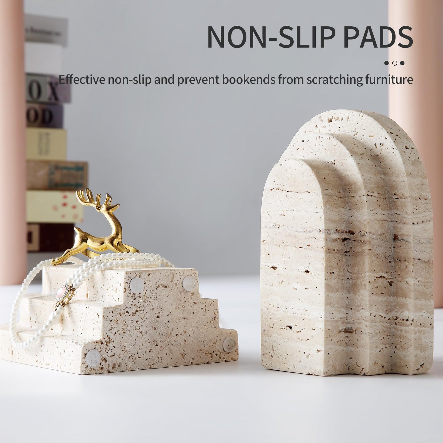 Natural Travertine Book Ends for Shelves Heavy 7.4 Lbs Non Slip Base