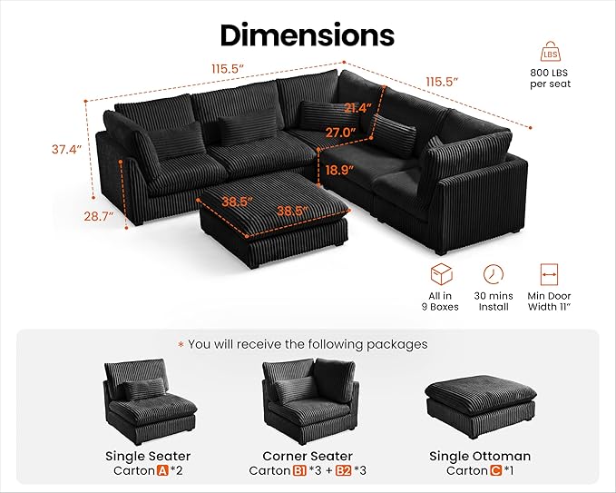 115" Oversized Corduroy Couch Modular Sectional Sofa, Washable Cloud Couch