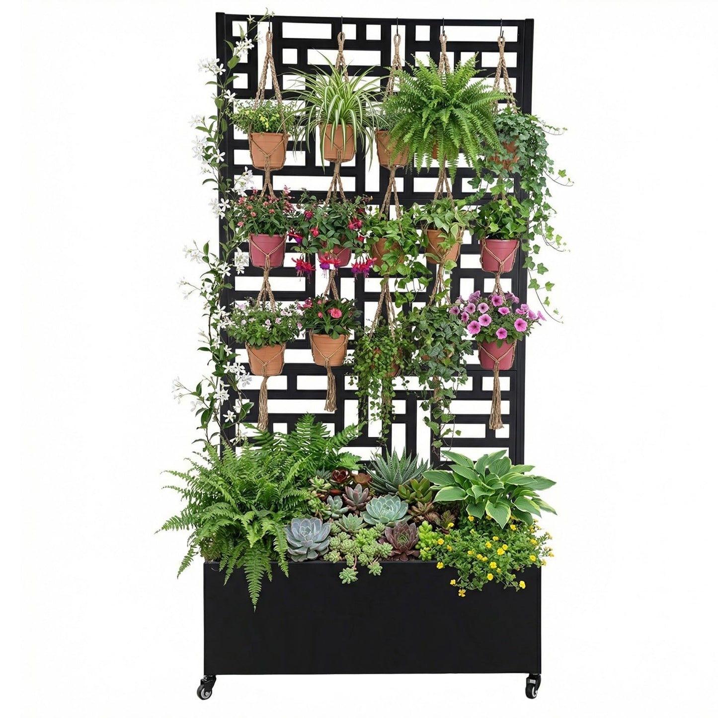 AZURAOKEY Metal Planter Box with Trellis Standing Planter Box for Climbing Plants/Vines Raised Garden Bed On Wheels 70.87x35.43x15.75 Inch (02)