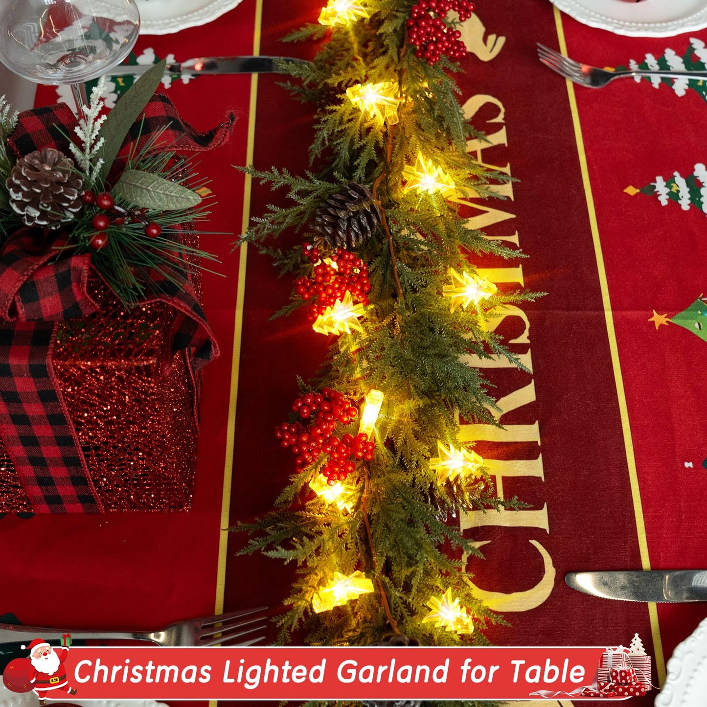 HUZIYAHAN Prelit Christmas Garland with Lights 6FT Christmas Tree Lighted Garland Outdoor Indoor Battery Operated Garland for Mantel Table Porch Stair Wall Winter Home Holiday Christmas Decorations