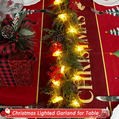 HUZIYAHAN Prelit Christmas Garland with Lights 6FT Christmas Tree Lighted Garland Outdoor Indoor Battery Operated Garland for Mantel Table Porch Stair Wall Winter Home Holiday Christmas Decorations