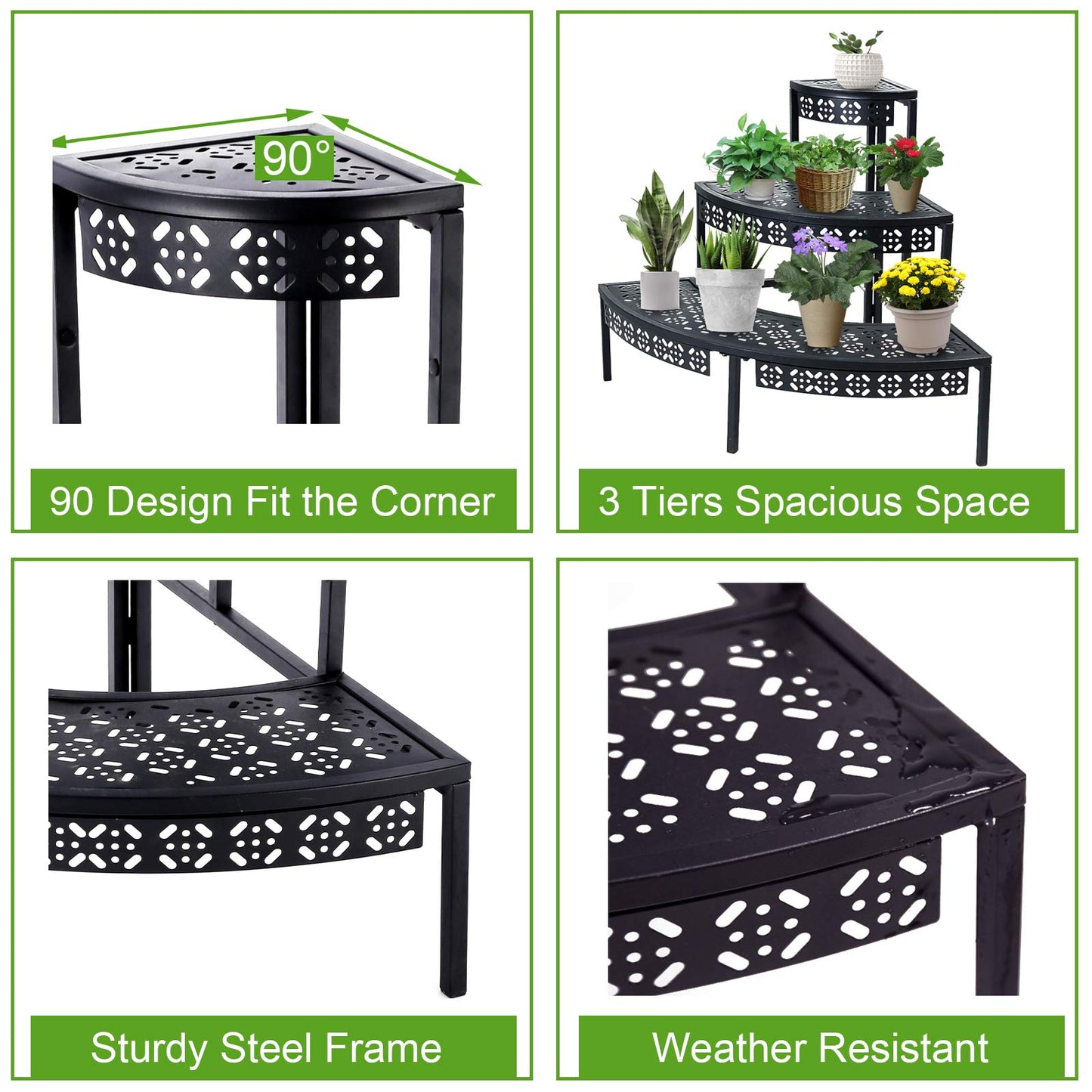 aboxoo 3 Tier Plant Stand Flower Pot Rack, Metal Stair-Step Style Corner Shelf Planters, Quarter Round Display Holder for Indoor Outdoor Use(Black, Semicircle)