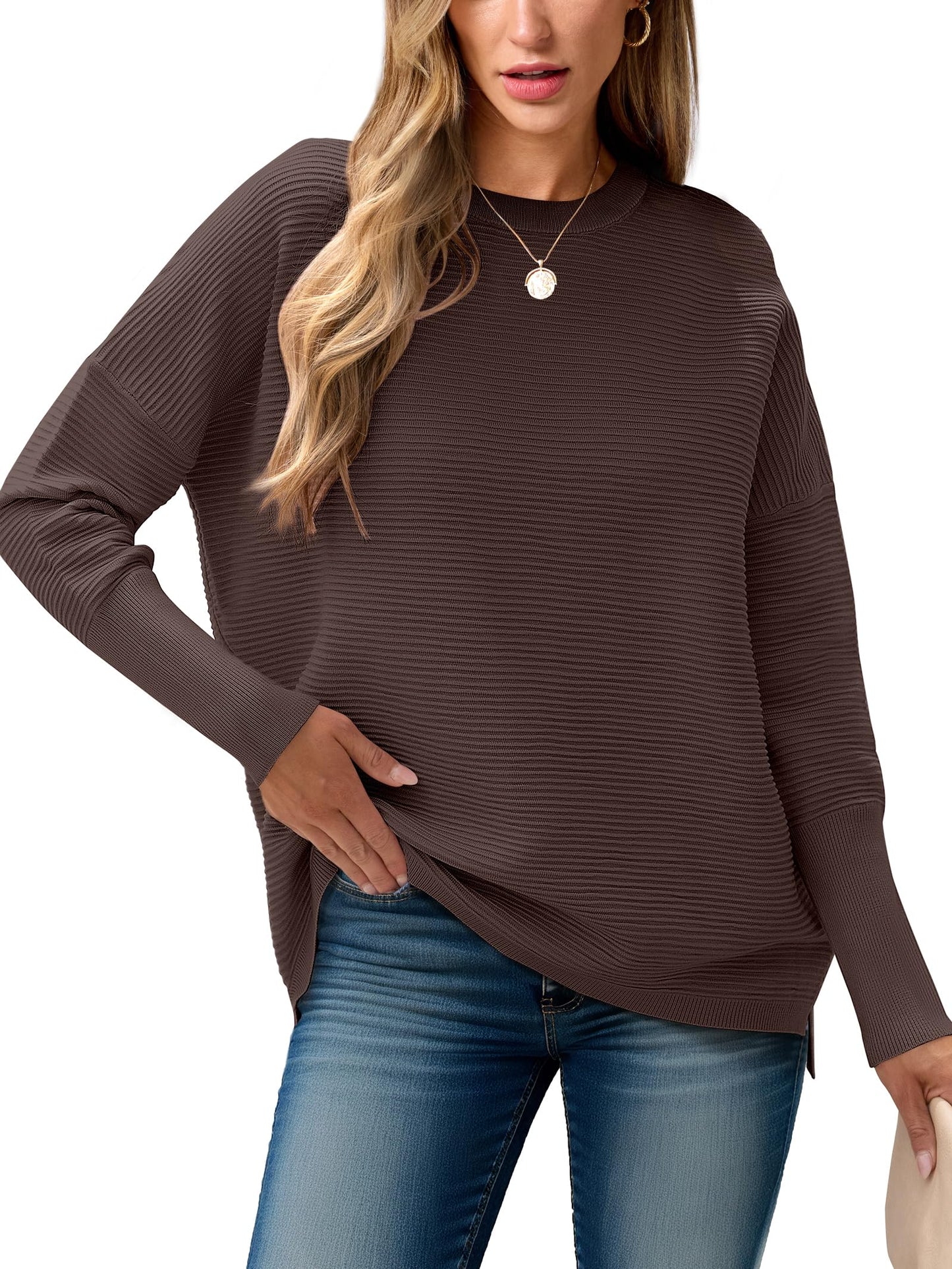 ANRABESS Womens Oversized Batwing Long Sleeve Ribbed Knit Sweaters 2025 Fall Outfits