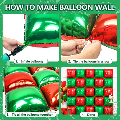 NISOCY 25PCS Christmas Balloons Red Green Square Foil Balloon Wall Backdrop Double Sided Metallic Red Balloons Arch Kit for New Years Birthday Anniversary Bridal Baby Shower Party Decorations