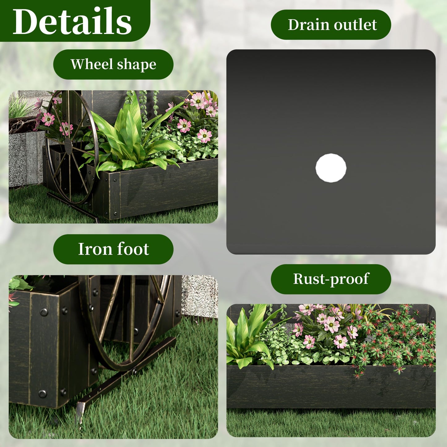 Athuiline Metal Raised Garden Beds with Wagon Wheels, 3-Tier Outdoor Planter Boxes, Decorative Herb Garden Planter for Flowers Herbs Vegetables, Small Flower Cart for Patio, Balcony (Retro Gold)