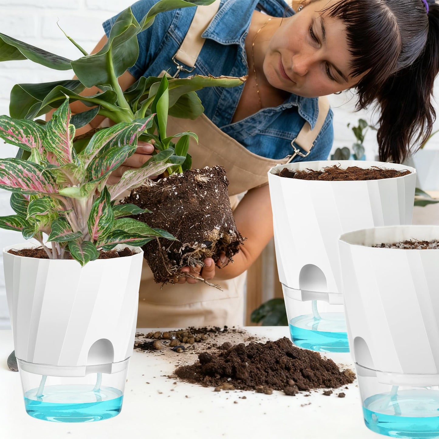KIMCHOMERSE Self Watering Plant Pots, 6 Inch Plant Pots White, 3 Pack Flowers Pot Indoor Planter Pots with Tray for Spider Plant, Orchid, African Violet