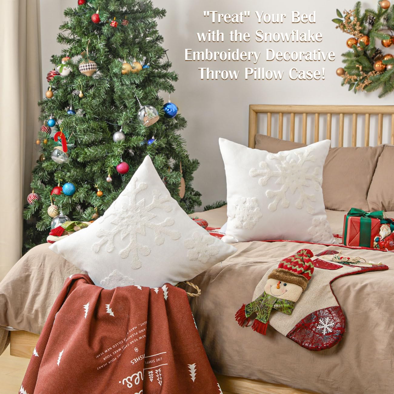 Lewondr Christmas Throw Pillow Cover, 2 Pack Snowflake Embroidery Decorative Throw Pillow Case Linen Sofa Cushion Cover for Party Thanksgiving Day Xmas Decor 18"x18"(45x45cm) - White
