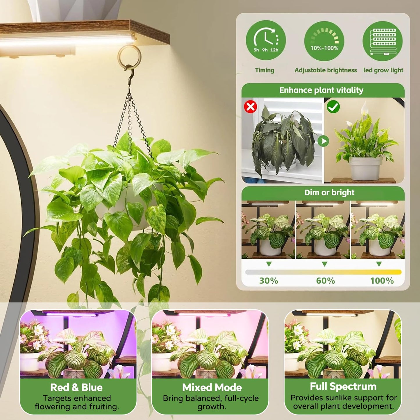 Rhncof Plant Stand Indoor with grow lights: 9 Tiered Large Plant Shelf with Lights, 64" Multi Tier Tall plant stand for indoor growing Llighted Corner Plant Rack