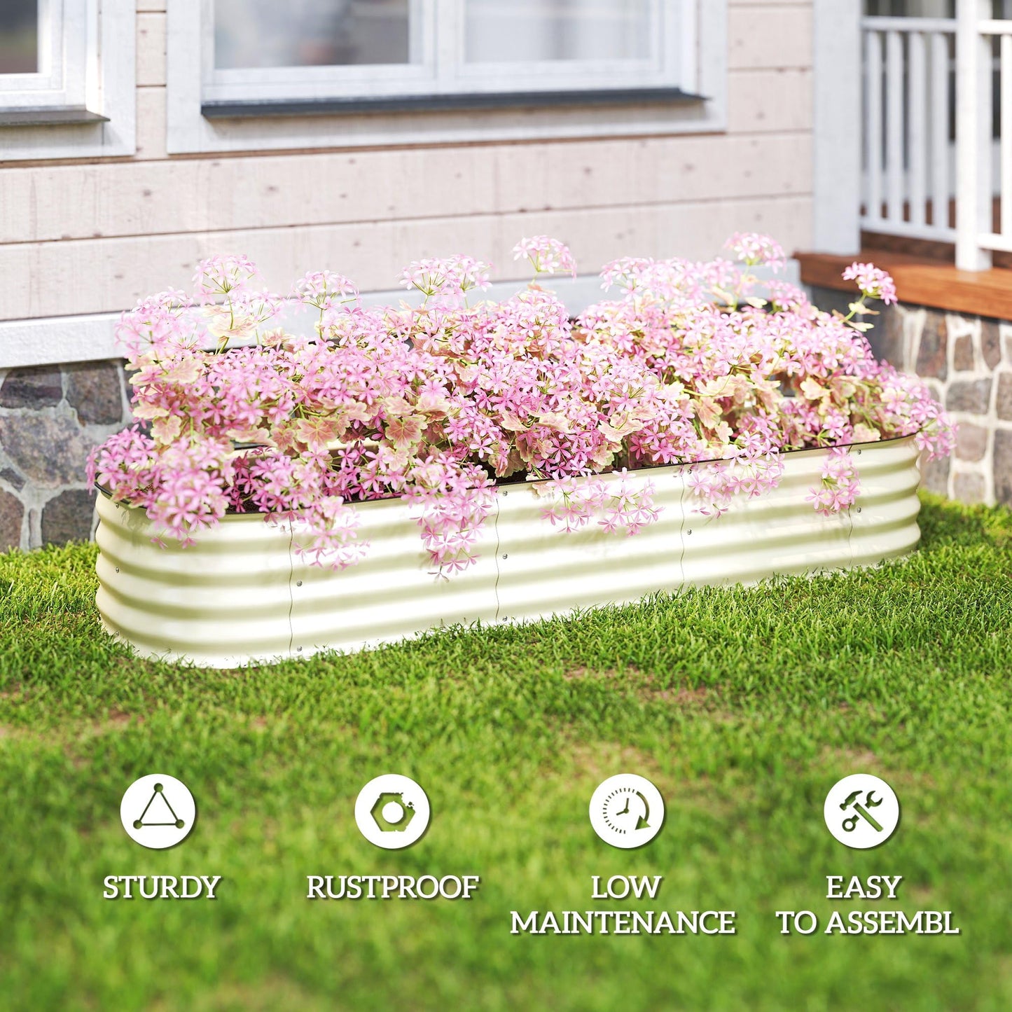 Outsunny 6.5' x 2' x 1' Galvanized Raised Garden Bed Kit, Outdoor Metal Elevated Planter Box with Safety Edging, Easy DIY Stock Tank for Growing Flowers, Herbs & Vegetables, Cream