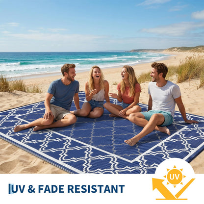 Garvee Reversible Outdoor Rug 10x14, Waterproof Outdoor Plastic Straw Rug with Interlacing Pattern, RV Mat for Picnics, Patio, Camping, Balcony, Deck, Backyard, Porch, Blue