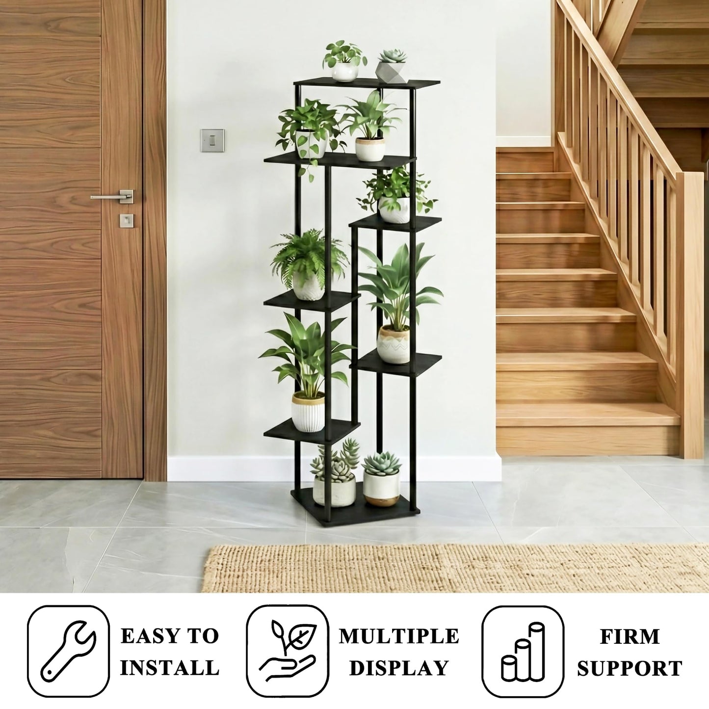 JEPRECO Tall Plant Stand Indoor 7-Tier Metal Wood Plant Shelf for Multiple Flower Pots Corner Flower Holders for Living Room Balcony Bedroom, Black