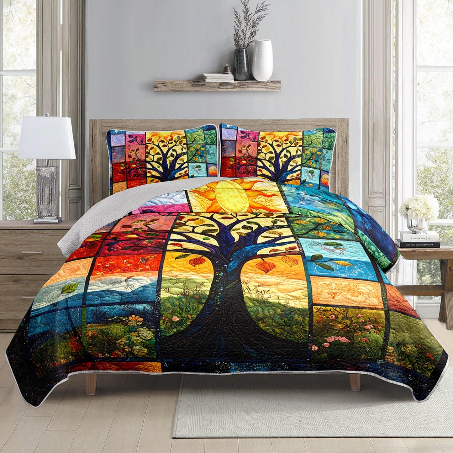 AILONEN Tree of Life Quillt Set Queen Size, Sun Moon Boho Bedspread Coverlet,Soft Microfiber Quilt,2 Pillowcases,3-Piece Colorful Natural Botanical Print Bedding
