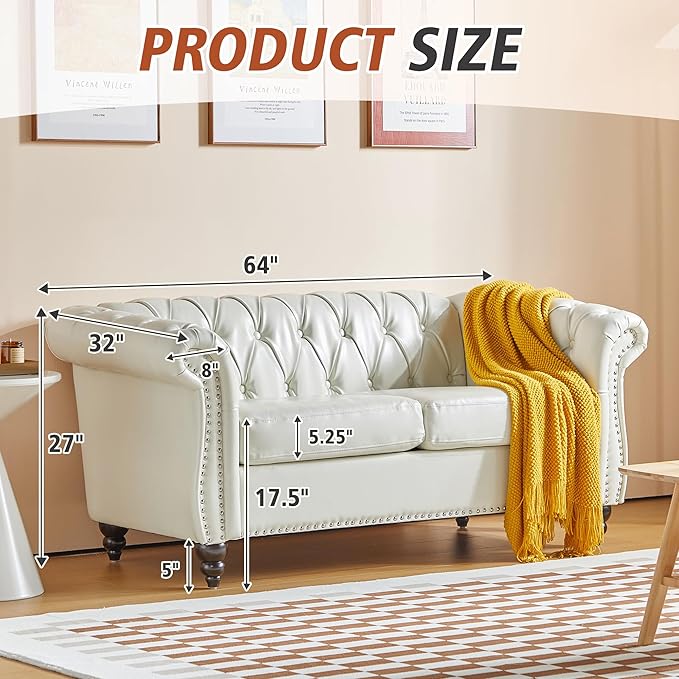 ORRD 3 Piece Living Room Set, Chesterfield Faux Leather Sofa Loveseat Couch