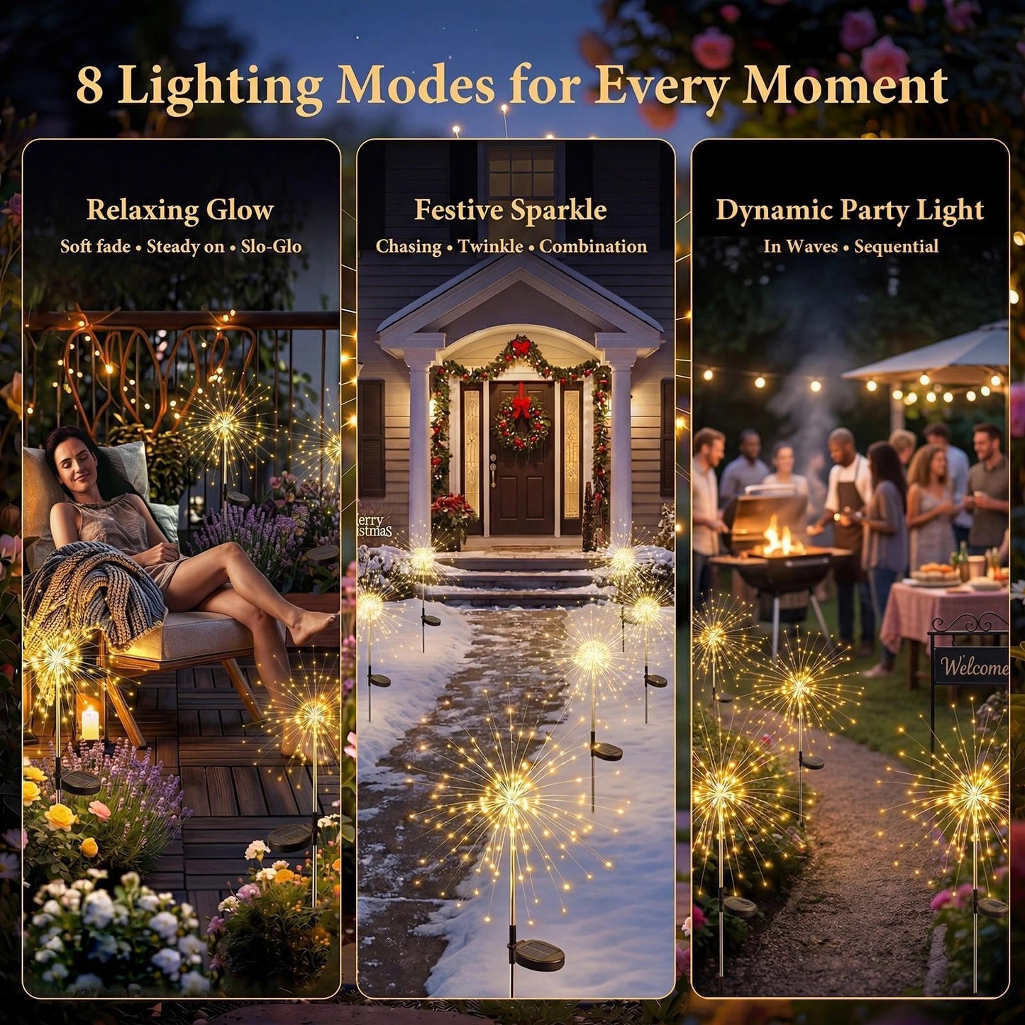 Fairdeer Solar Firework Lights Outdoor 4 Pack, 120LED Solar Starburst Garden Lights with 8 Modes, Waterproof Decorative Sparkle Light for Backyard, Garden, Patio Lawn Landscape & 4th of July Decor