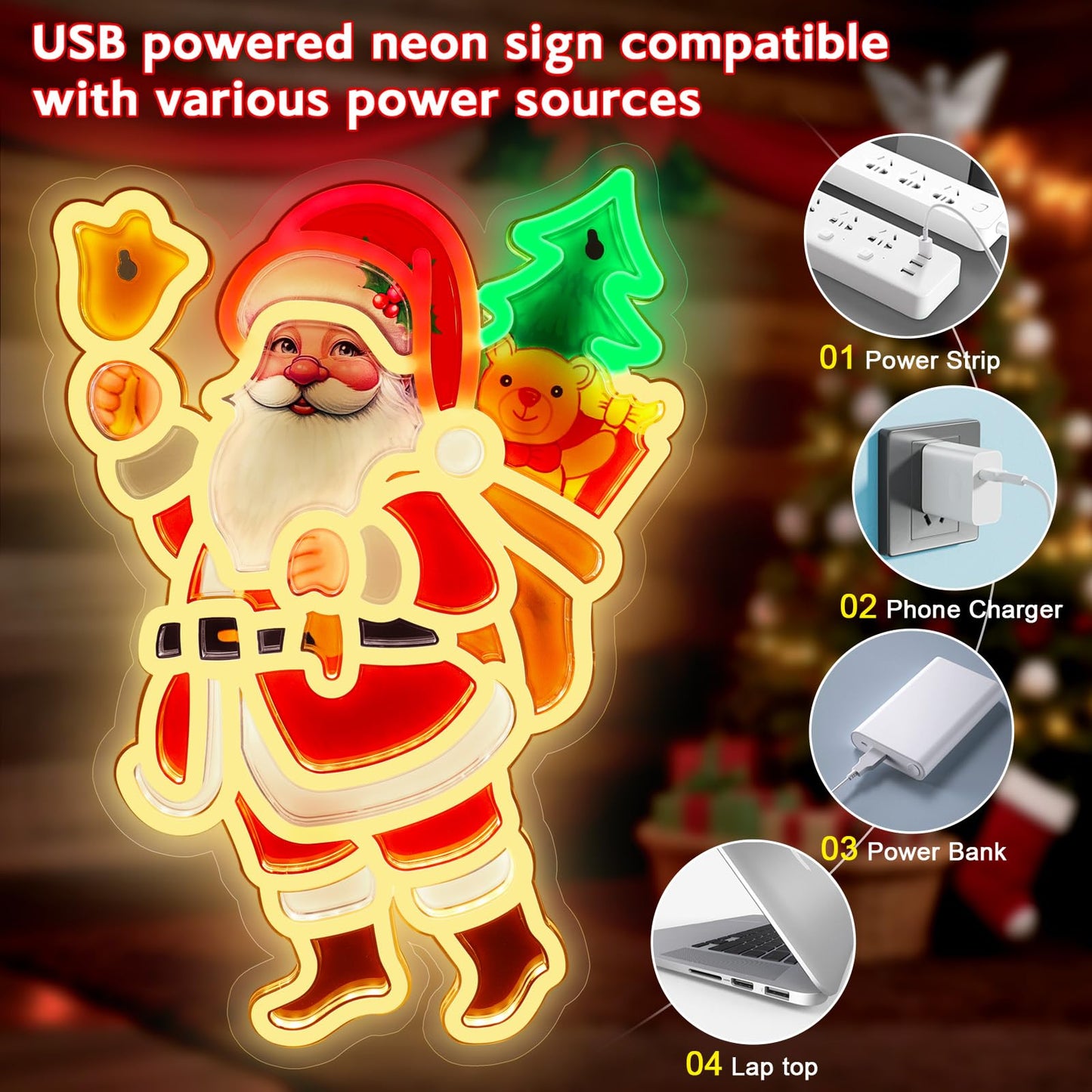 Santa Claus Neon Sign, Christmas Neon Light Sign, LED Neon Signs for Wall Decor,10 Adjustable Brightness Personalized USB Neon Light, Gift for Christmas Events Birthday Party Home Decorations
