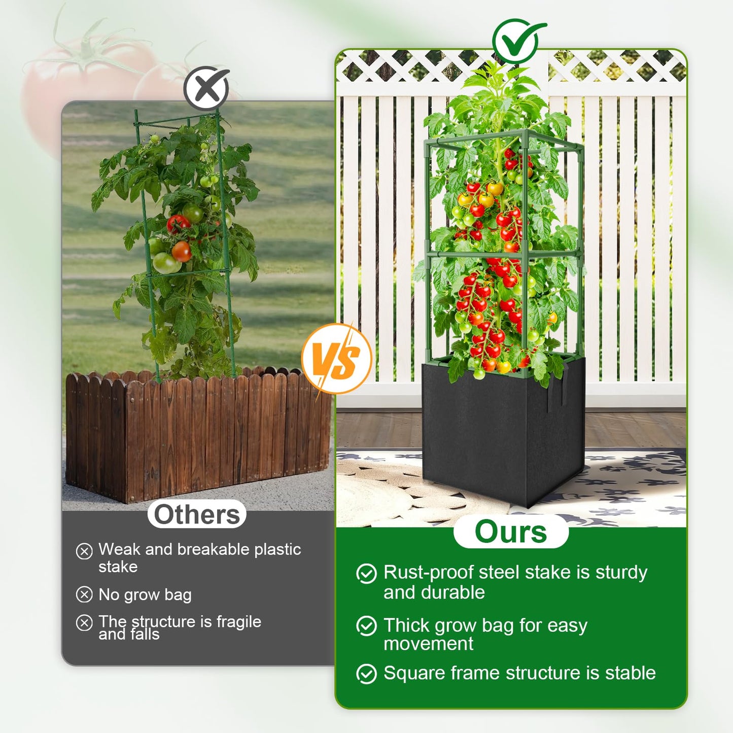 Laodier 3 Pack Tomato Cages, Square Tomato Trellis with 17 Gallon Grow Bags,47IN Tall Heavy Duty Tomato Plant Support Stakes for Garden Climbing Vegetables Flowers Fruits (Extra-Bold, 3 Pack)