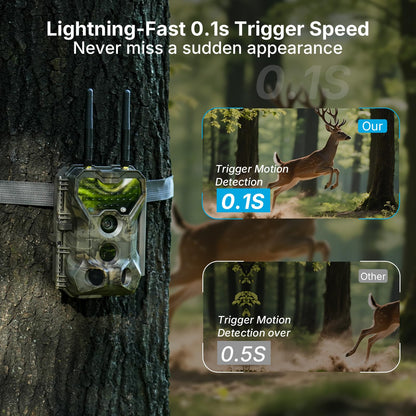Meidase Solar WiFi Trail Camera P300 (Non-Cellular), 64MP Photos, 1296P Video, 165ft Dual-Antenna Range, Motion Activated