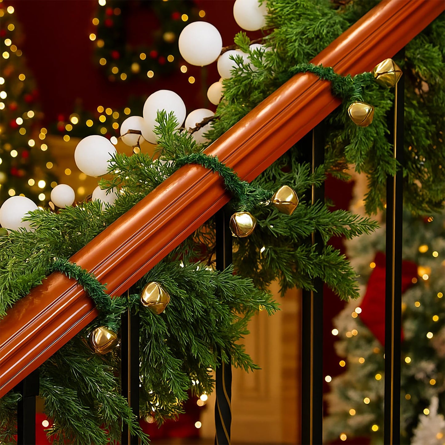 Motionchic 25 Pcs 20 Inches Christmas Garland Ties with Bells Decorative Twist Ties Garland Hanger for Banister Stairs Railing Garden Reusable Flexible Twist for Xmas Holiday Decorations (Gold)