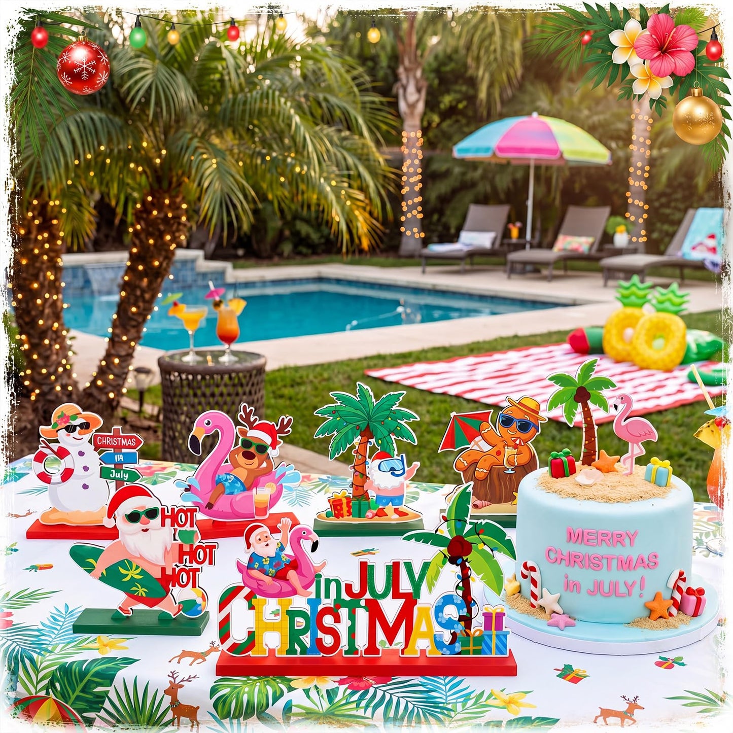Qunclay 6 Pcs Christmas in July Table Decor - Wooden Snowman Santa Gingerbread Man Elk Table Signs for Summer Christmas in July Party Decorations Supplies