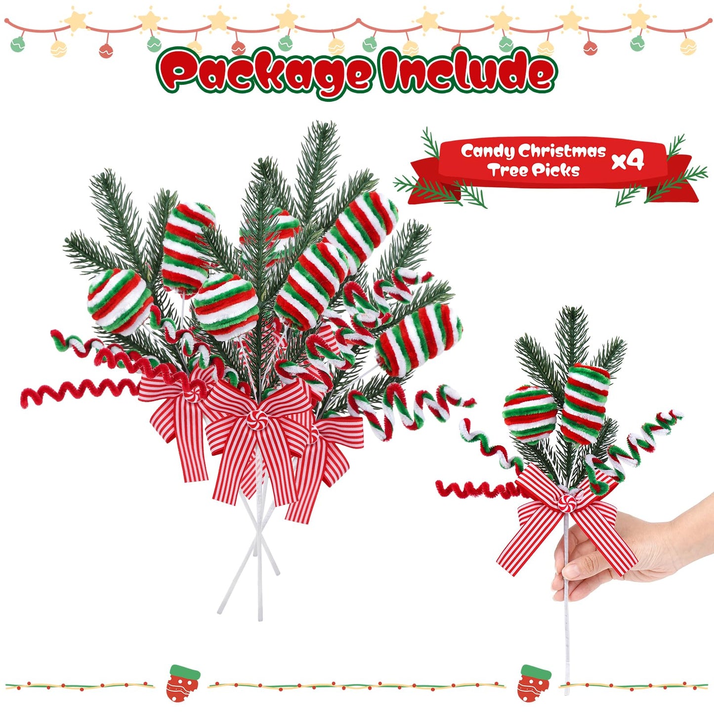 Candyland Christmas Tree Picks Set of 4, Red Green Peppermint Ornament Sprays with Bows and Greenery, Christmas Tree Topper Decorations, Gingerbread Christmas Decor for Tree, Wreath and Garland