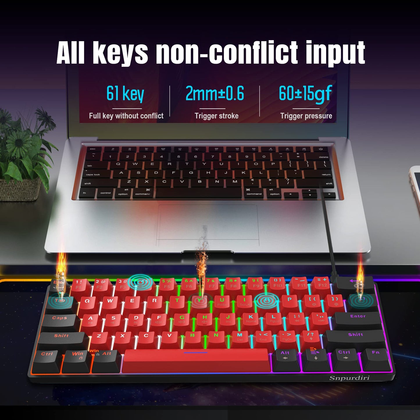Snpurdiri 60% Compact Size Mechanical Gaming Keyboard - Red Switches | USB-C Wired | UK Compatible US Layout | 16.8M RGB Backlit | Portable for PC & Laptop (Black-Red)