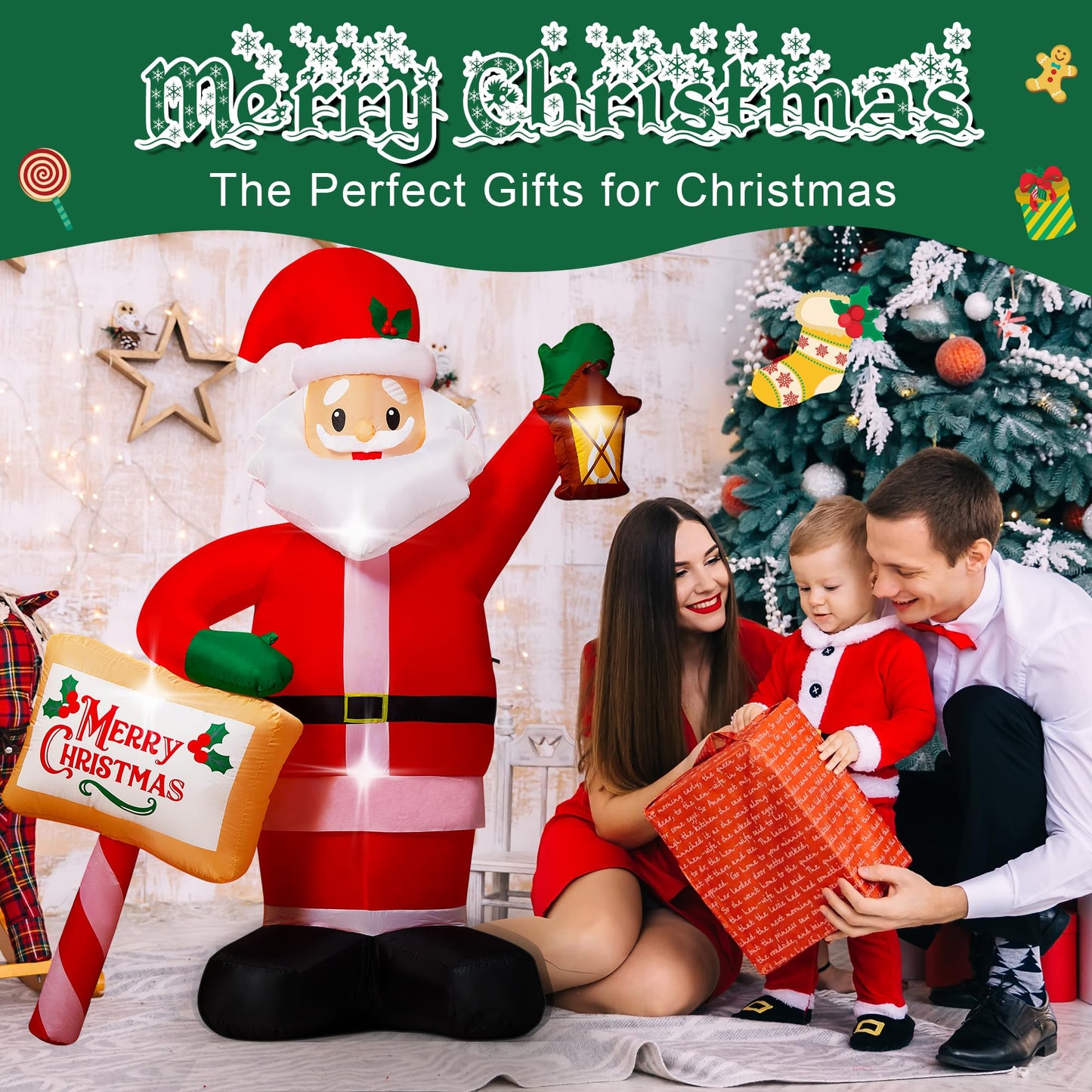 7FT Christmas Inflatables Santa Claus Outdoor Decorations, Blow up Santa Inflatables Holding Lantern & Merry Xmas Sign with Built-in LED Lights, Outdoor Holiday Yard Decor for Garden Lawn Porch