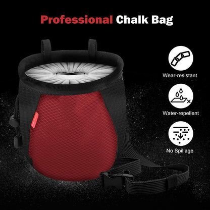 Rhino Valley Climbing Chalk Bag, No Leak Drawstring Chalk Bag with Adjustable Belt, Carabiner Clip and Zippered Pockets Chalk Bag for Rock Climbing, Cross Fit, Weight Lifting & More - Black & Red
