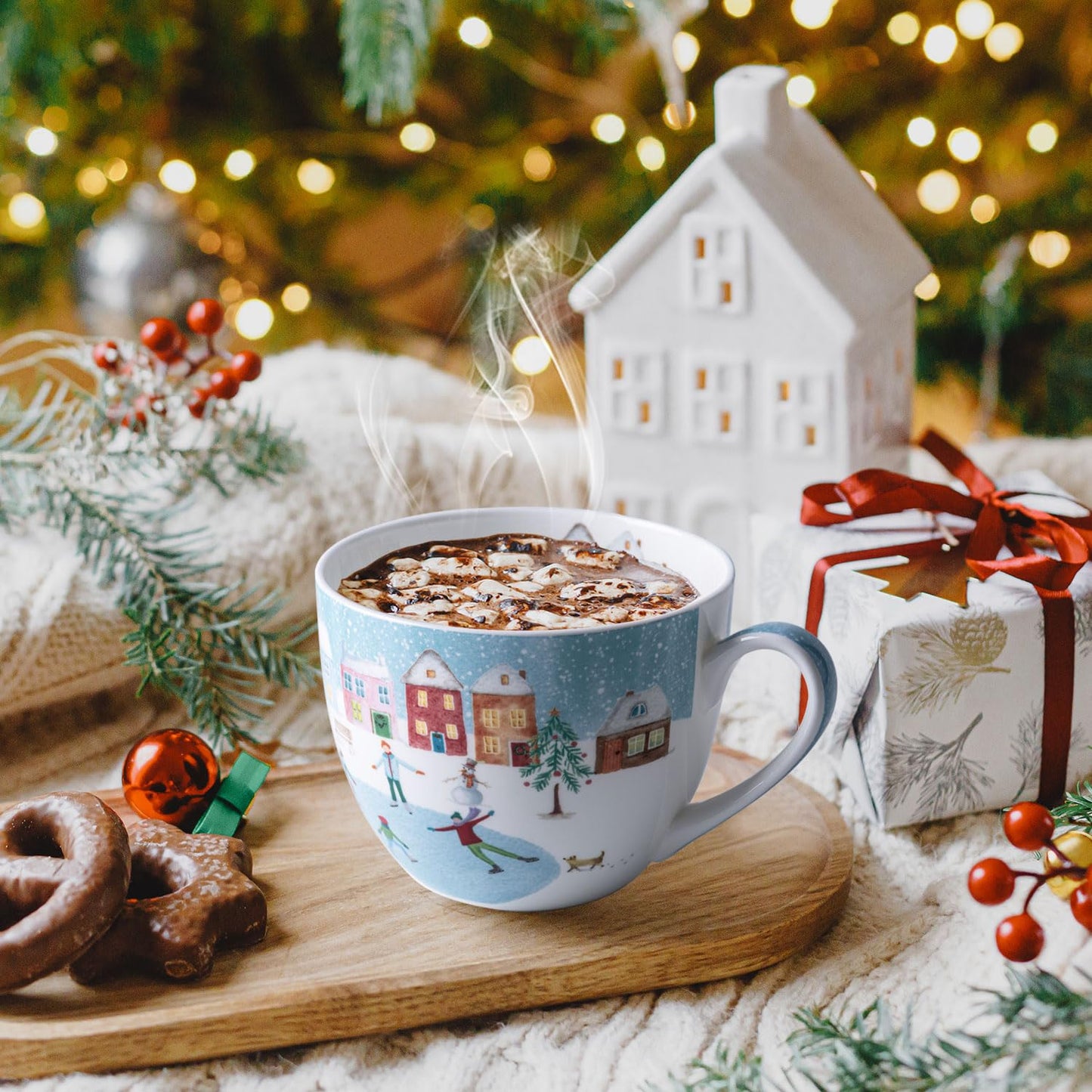Christmas Skating Mug - 20 oz Bone China Winter Coffee Mugs with Snowy Village, Perfect Holiday and Christmas Gifts for Friends and Family - Designed in England by Harvest Green Studio