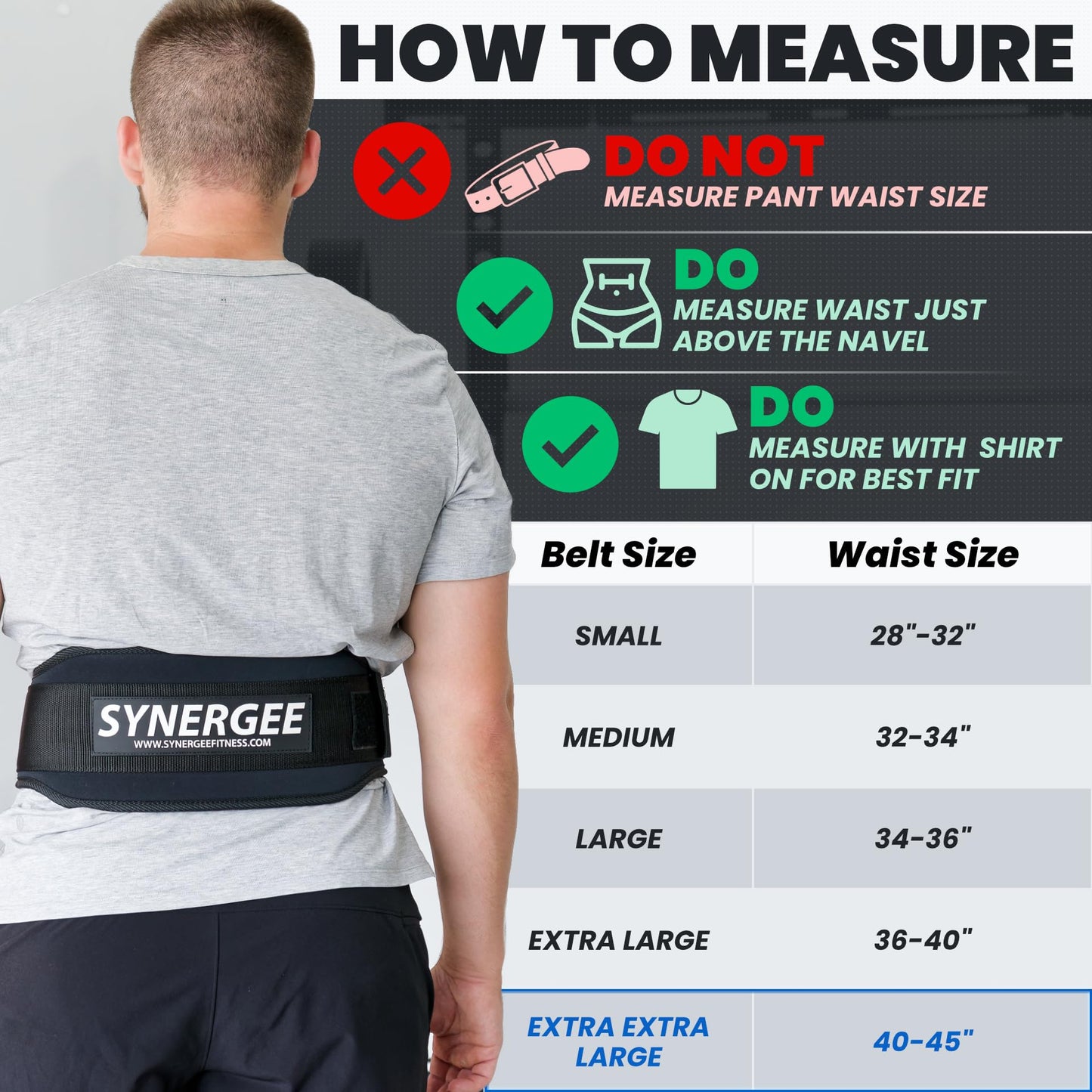 Synergee Weightlifting Belt 5” Padded Support for Squats Deadlifts Powerlifting & Cross Training - XX-Large