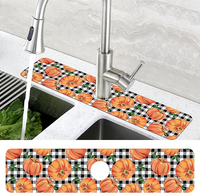 Thanksgiving Pumpkin Kitchen Sink Splash Guard Mat Buffalo Plaid Absorbent Fast