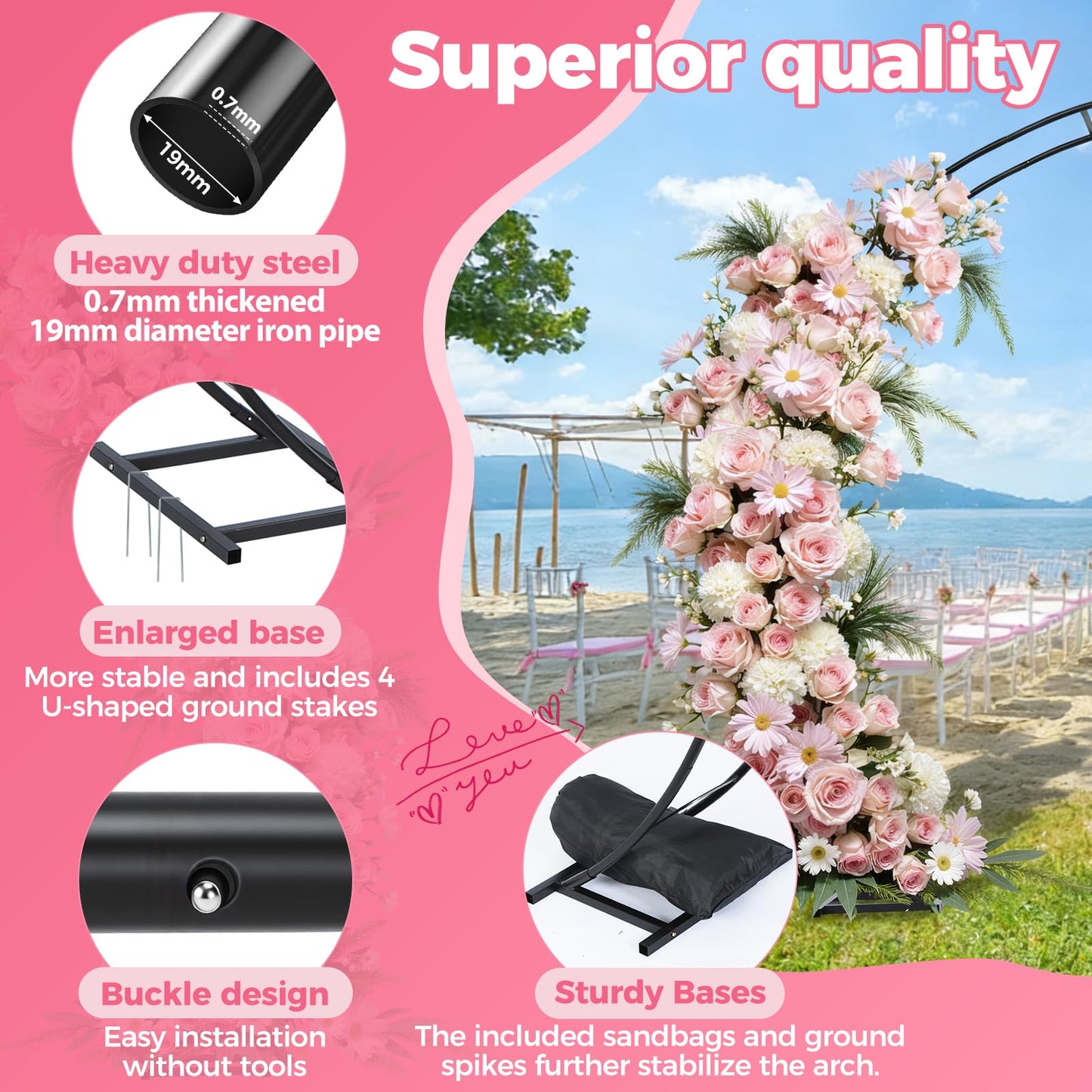 Large Metal Garden Arch Trellis,Wedding Arch. 8*7Ft. 19mm Heavy-duty Pipe, Arch Frame for Party Decorations,Balloon Arch.Garden Arbor Arch Trellis for Climbing Plants, With Base,Ground Stakes Sandbags