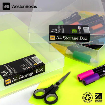 WestonBoxes A4 Transparent Plastic Craft Storage Boxes with Lids for Art Supplies, Paper and Card - 3.6 Litre Volume (Pack of 10)