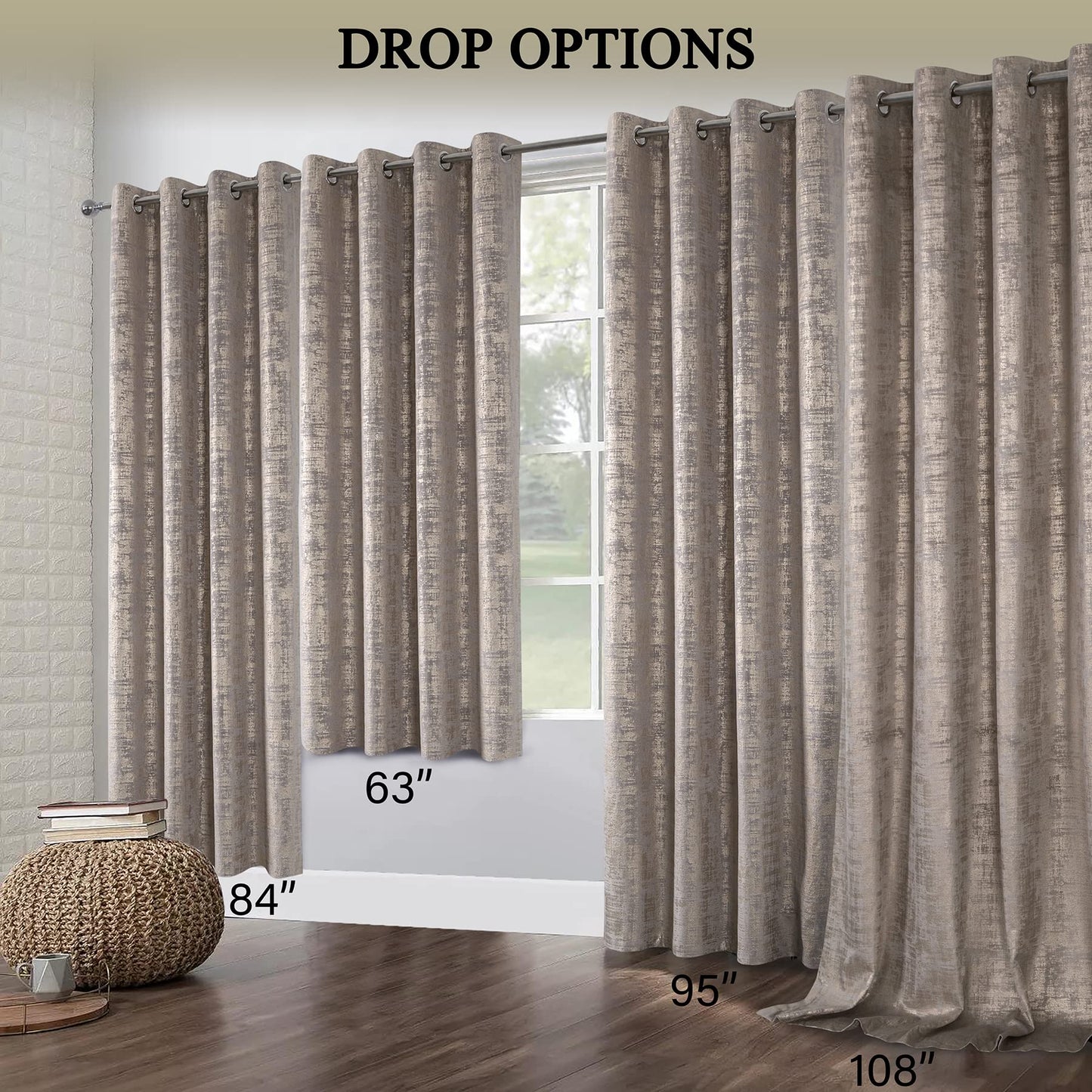always4u Champagne Soft Velvet Curtains 108 Inch Length Long Luxury Bedroom Curtains Gold Foil Print Window Treatments for Living Room Bedroom Set of 2