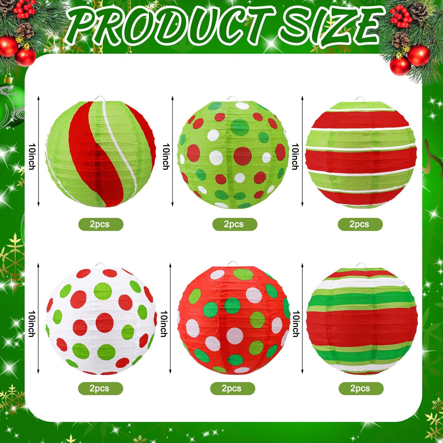 Glooglitter 12 Pcs 10" Red Green Paper Lantern Christmas Party Decorations Hanging Lantern Indoor Outdoor Decorative Christmas Round Ceiling Hanging Decor for Holiday Xmas Party Baby Shower Birthday