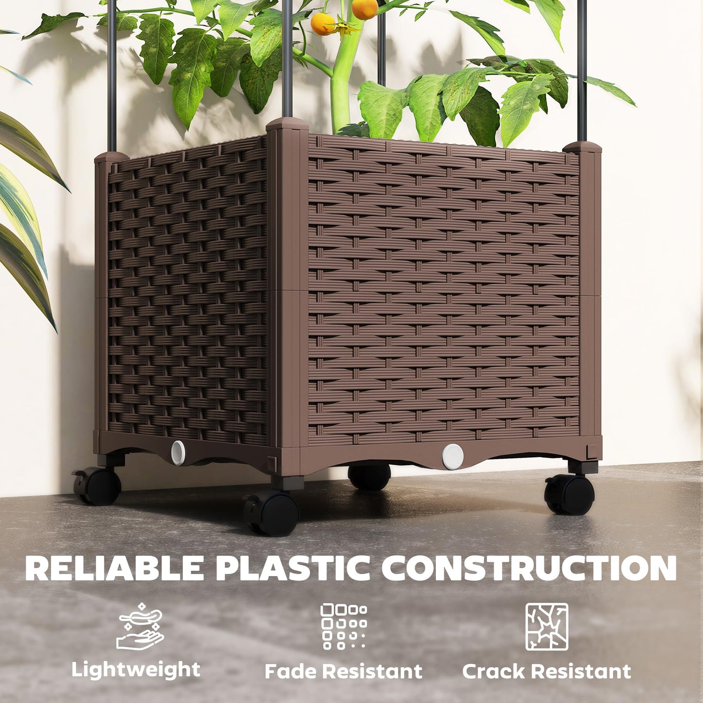 Outsunny Raised Garden Bed with Trellis, 71.7" Tomato Cage with Lockable Wheels, Self Watering Outdoor Planter Box with Drainage Holes and Plugs for Climbing Plants, Vines, Vegetables, Flowers, Brown