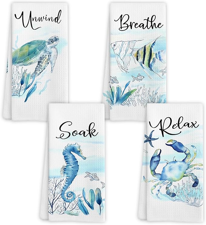 Watercolor Coastal Beach Hand Towels, Sea Horse Turtle Fish Crab Unwind Breathe