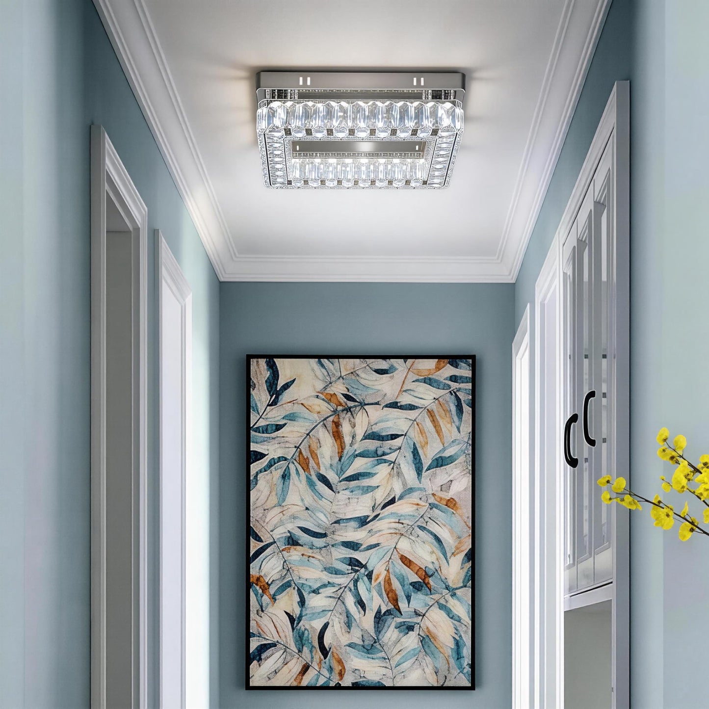 Finktonglan Modern Crystal Flush Mount Ceiling Light, 11.8" Rectangular LED Ceiling Fixture with Multi-Faceted Crystal Prisms, Cool White, 18W Low Profile for Bedroom Hallway Entryway