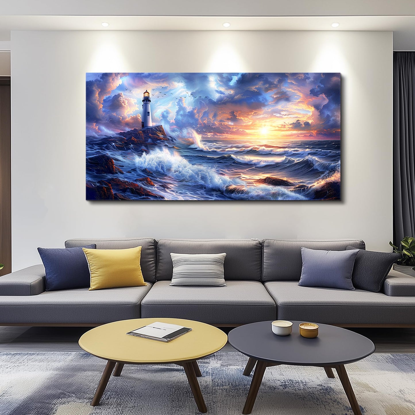 JUDASJART Wall Decor For Bedroom Large Wall Art For Living Room Modern Office Decorations Ocean Sea Wave Paintings Lighthouse Seascape Pictures Canvas Artwork Home Decor Ready To Hang