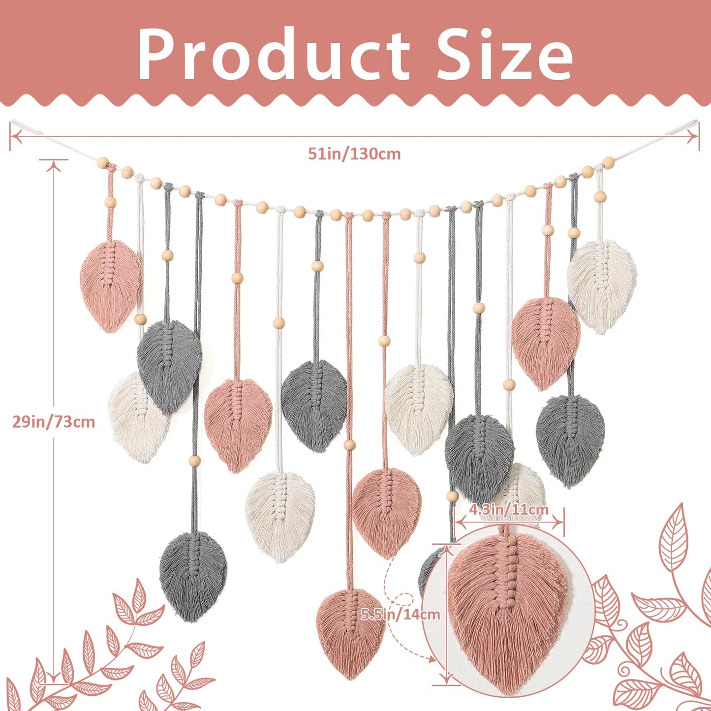 Betylifoy Macrame Wall Hanging Boho Leaves Tapestry Chic Bohemian Feather Wall Art Decor Handmade Yarn Woven Pink Leaf Tapestry Macrame Wall Decor for Bedroom Living Room Nursery Office Backdrop (Pink Gray)