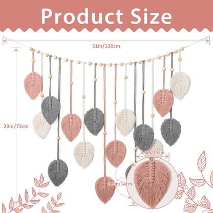 Betylifoy Macrame Wall Hanging Boho Leaves Tapestry Chic Bohemian Feather Wall Art Decor Handmade Yarn Woven Pink Leaf Tapestry Macrame Wall Decor for Bedroom Living Room Nursery Office Backdrop (Pink Gray)