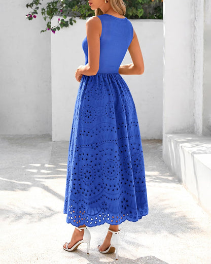 dowerme Women Summer Dresses 2025 Casual Sleeveless Crewneck A-Line Boho Lace Eyelet Cotton Tank Maxi Dress with Pockets