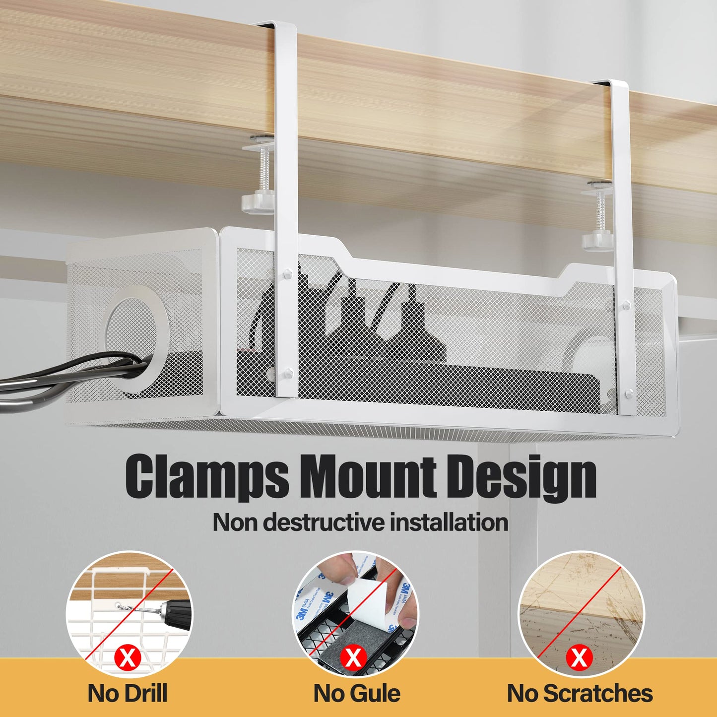 Under Desk Cable Management Tray White, Cinati Wire Organizers No Drill, Cable Tray with Clamp for Wire Management, Cord Organization Box for Office, Home - No Damage to Desk