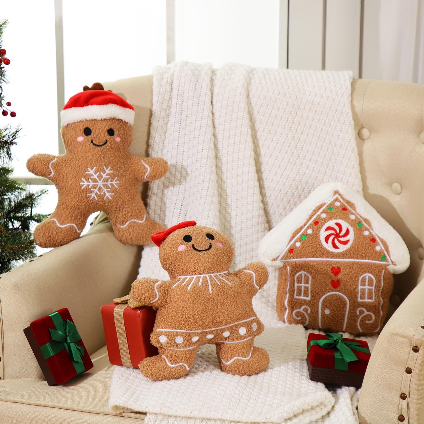 Konohan 3 Pcs Christmas Gingerbread Pillows House Man Throw Pillows Stuffed Gingerbread Shaped Pillow for Christmas Party Outdoor Cushion Decorations(Dark Yellow,Lovely Style)