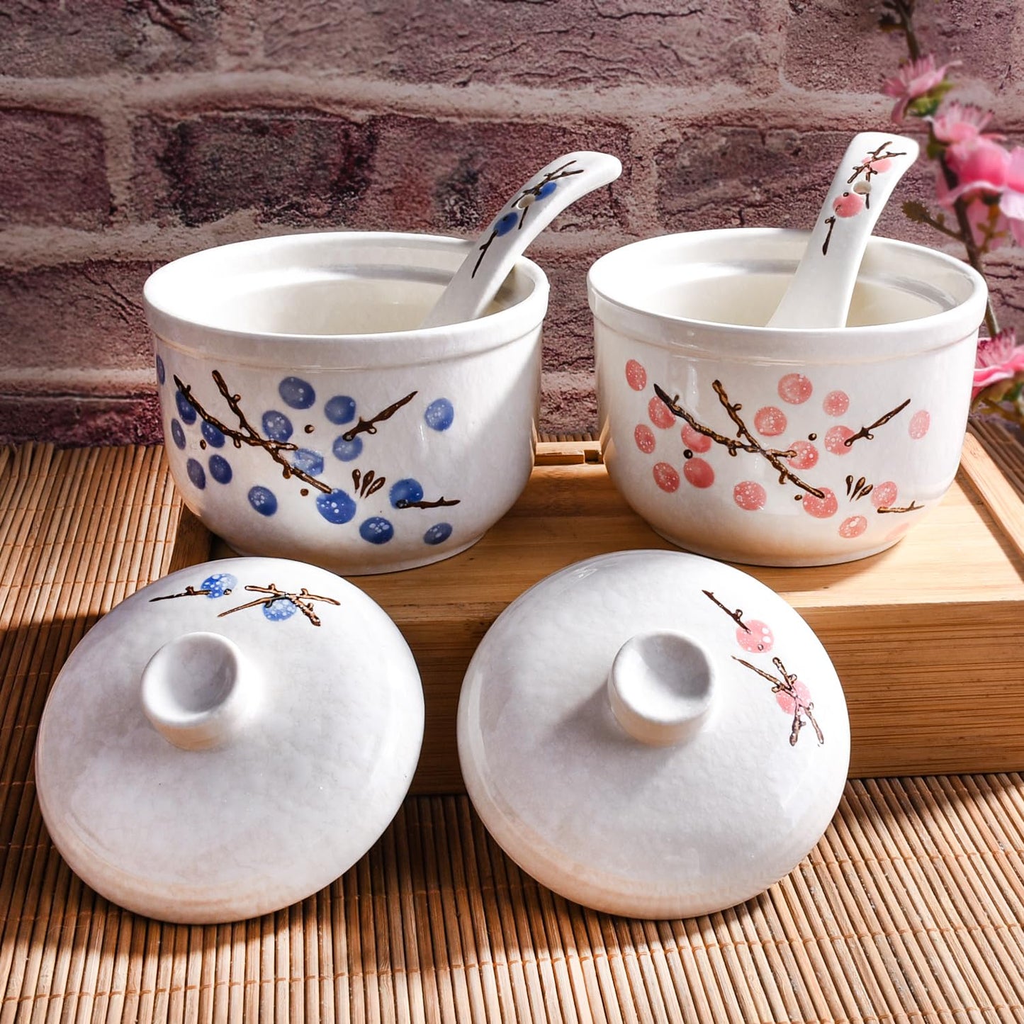 Whitenesser Ceramic Stew Bowl with Lid and Spoon Set of 2, Multi-Use for Stew, Soup, Salt, Sugar and Spice, Kitchen Container