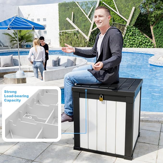 DRATO 50 Gallon Deck Box, Outdoor Storage Box for Patio Cushion, Garden Tools, Waterproof Patio Storage box, Lockable (Black and White)