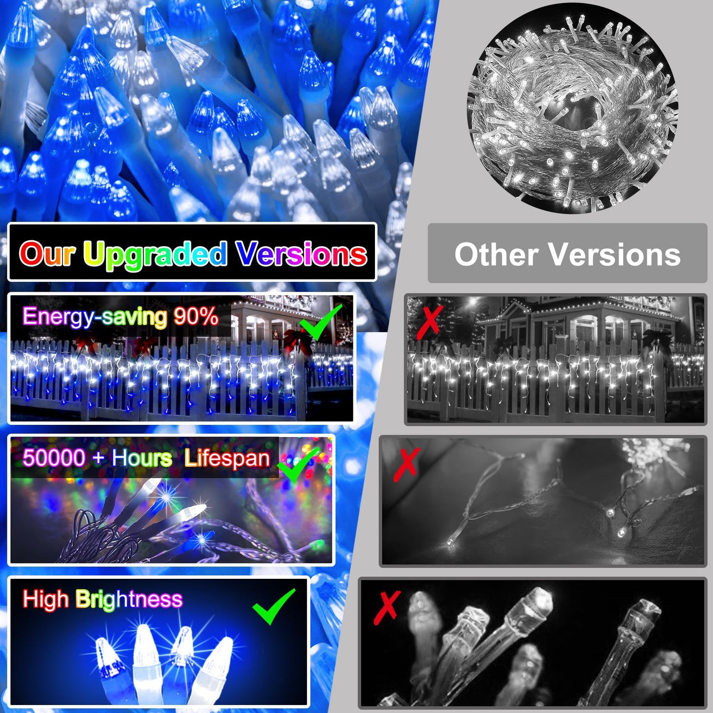 82FT 810 LED Outdoor Christmas Lights - 180 Ice Drops, 12 Pro Modes with Timer Memory & Brightness, Waterproof Hanging Ice String Light for Holiday Wedding Garden Fence House Decor (White & Blue)