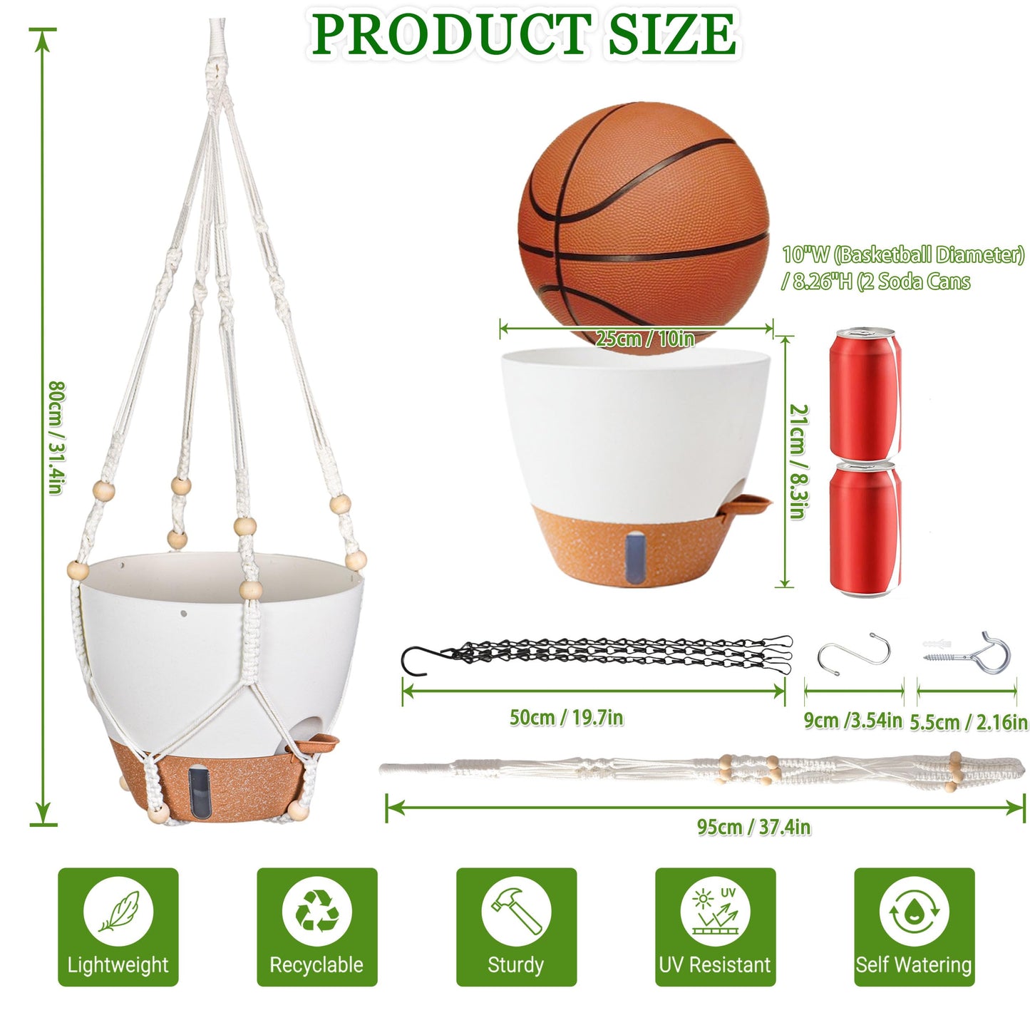 10 Inch Hanging Planters for Indoor Plants, 2 Pack Self Watering Hanging Baskets Flower Pots with Drainage Hole, Visual Reservoir & 2 Kinds of Plant Hanger for Outdoor Garden Home Decor (White)