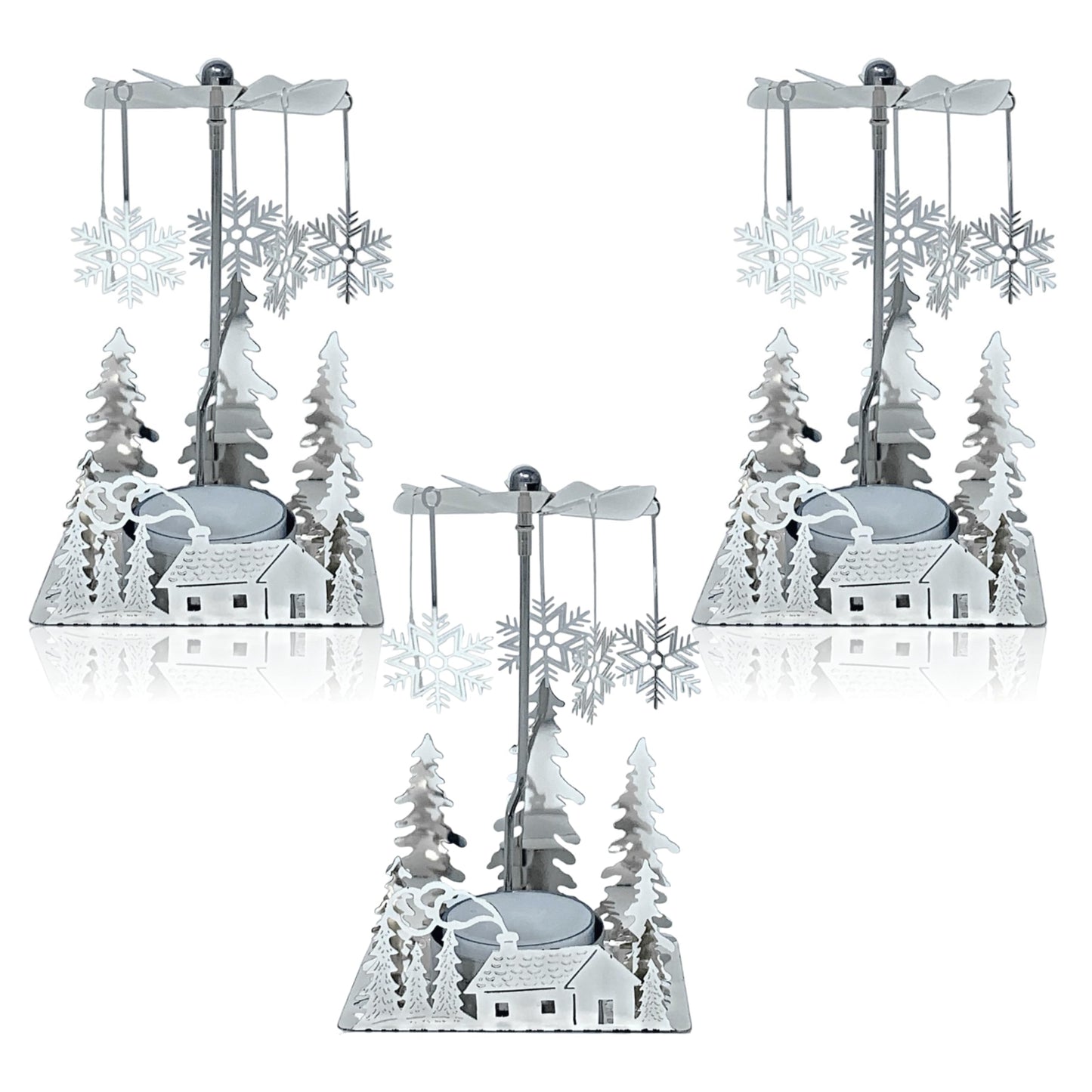 Winter Cabin Silver Holiday Candle Spinners Set of 3, Silver Plated Laser Cut Christmas Tea Light Candle Holders with Cabin, Trees & Snowflake Charms, Spinning Winter Scene Table Decor, 5 Inch