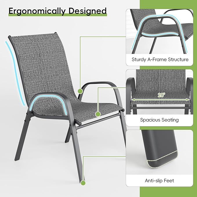 Patio Chairs Set of 4, Stackable Outdoor Dining Chairs for All Weather, Metal Modern Outside Furniture Chair for Pool Side, Garden, Backyard Deck, Dark Grey